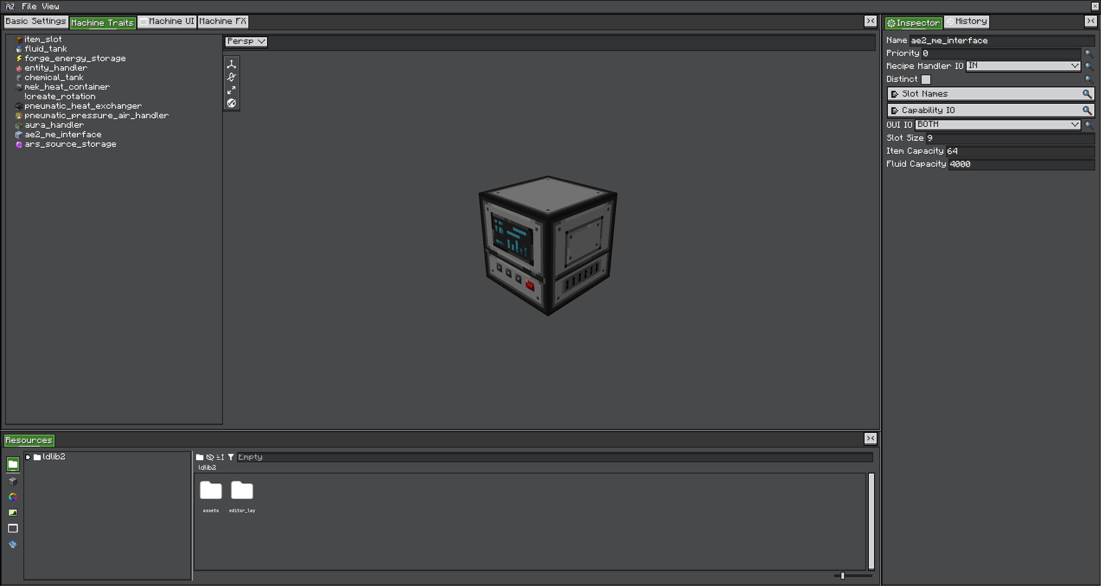 MBD2 Machine Traits editor showing AE2 ME Interface item and fluid buffer settings