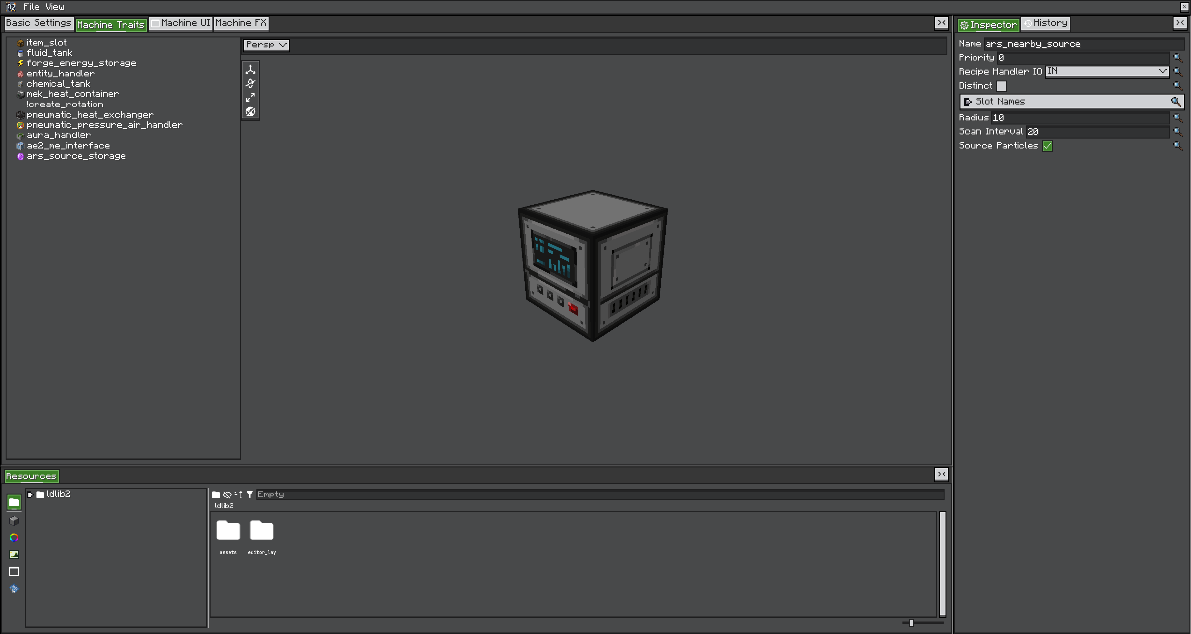 MBD2 Inspector showing the Ars Nouveau Nearby Source trait with radius, scan interval and particles settings