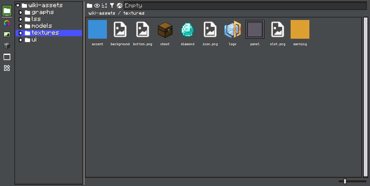Asset browser with a folder tree on the left and resource thumbnails on the right