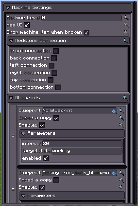 Machine Settings inspector showing a Blueprints list with Blueprint, Embed a copy, Enabled and a Parameters group