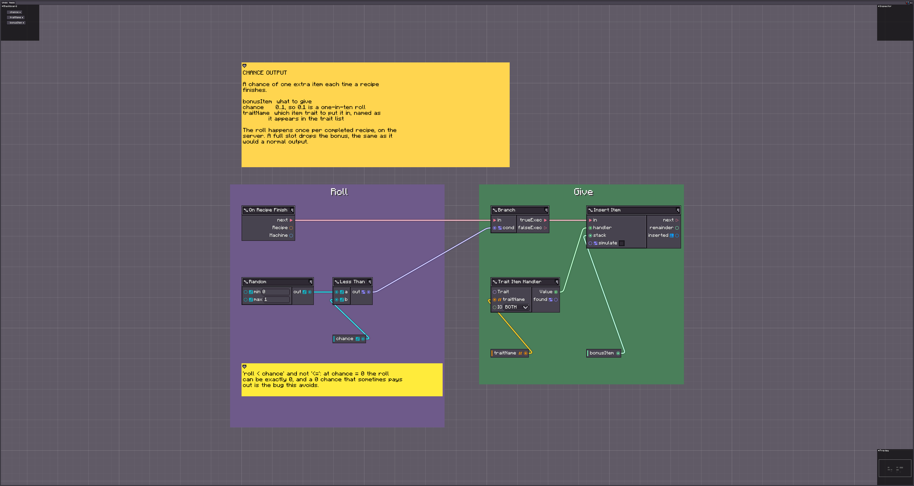 chance_output graph: On Recipe Finish into a random roll and an item insert