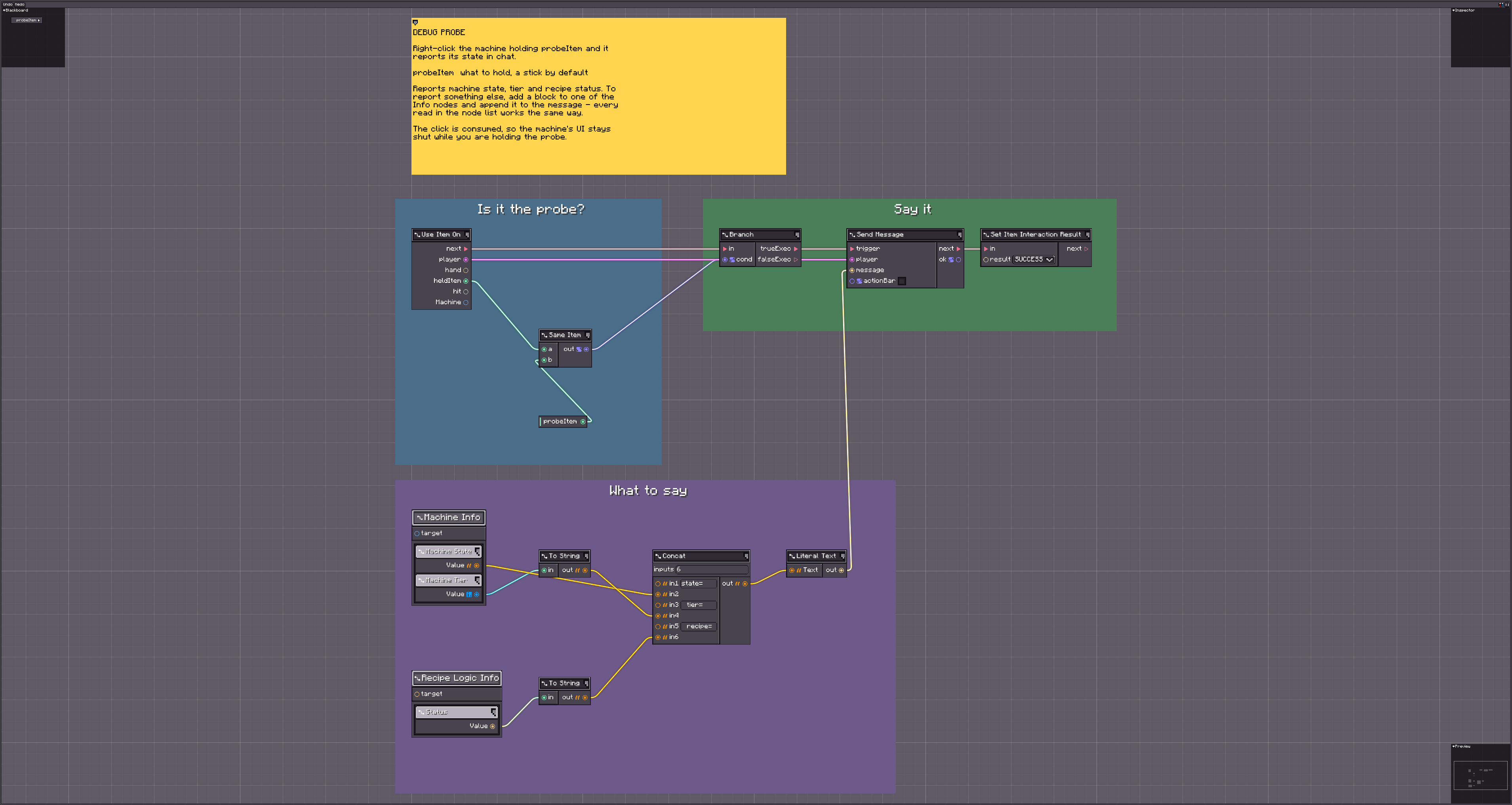 debug_probe graph: Use Item On, an item test, string concatenation and a chat message