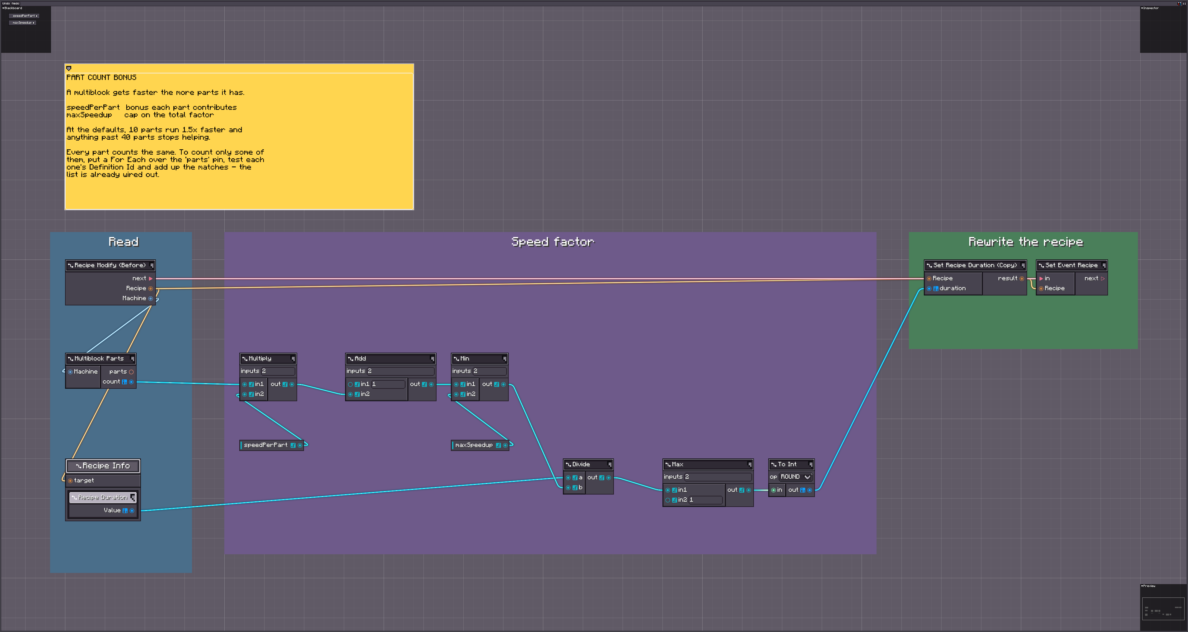 part_count_bonus graph: Multiblock Parts into a list length and a duration divide