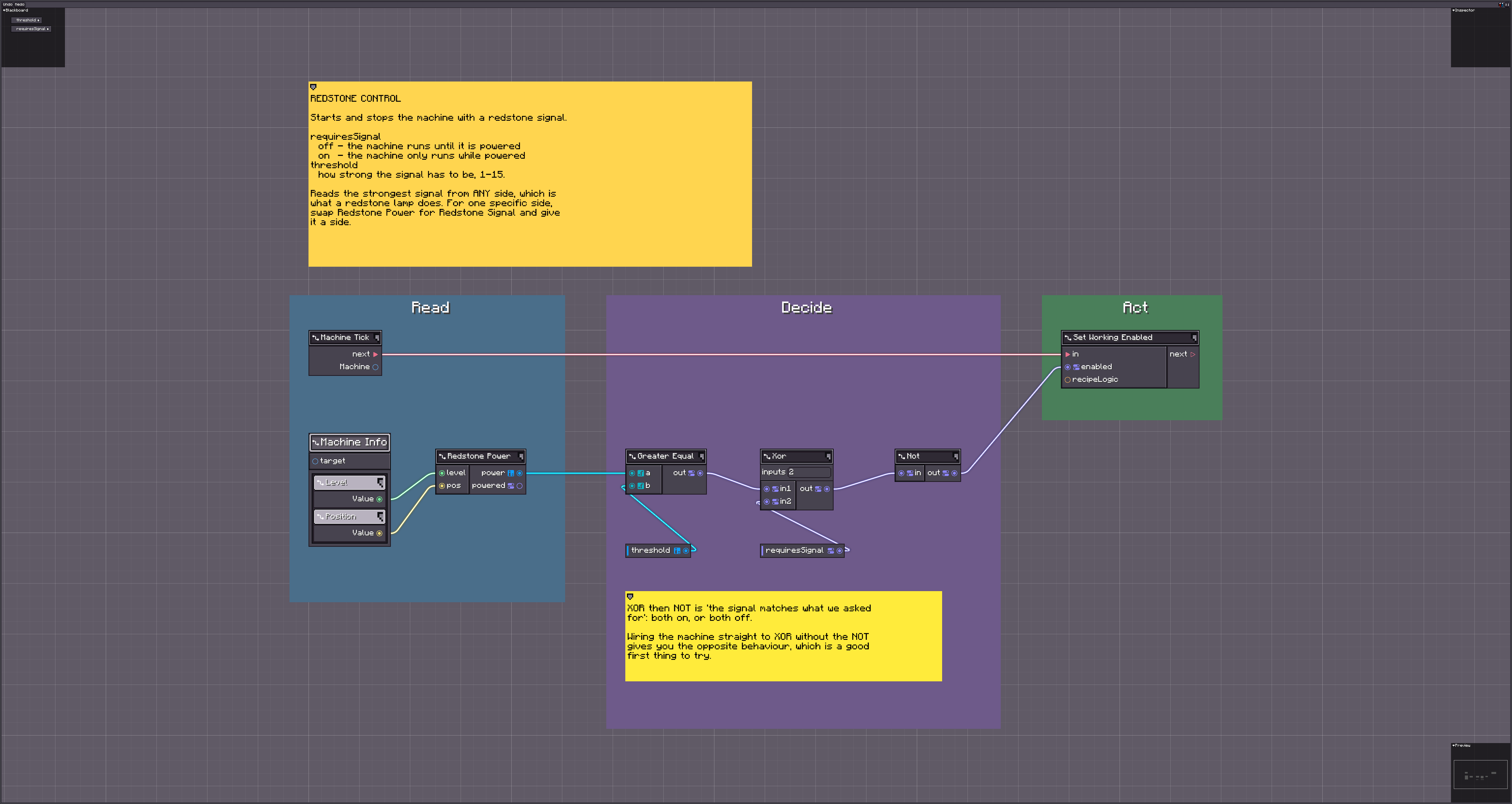 The redstone_control built-in blueprint: Machine Tick and Machine Info feeding Redstone Power, then a comparison and XOR into Set Working Enabled