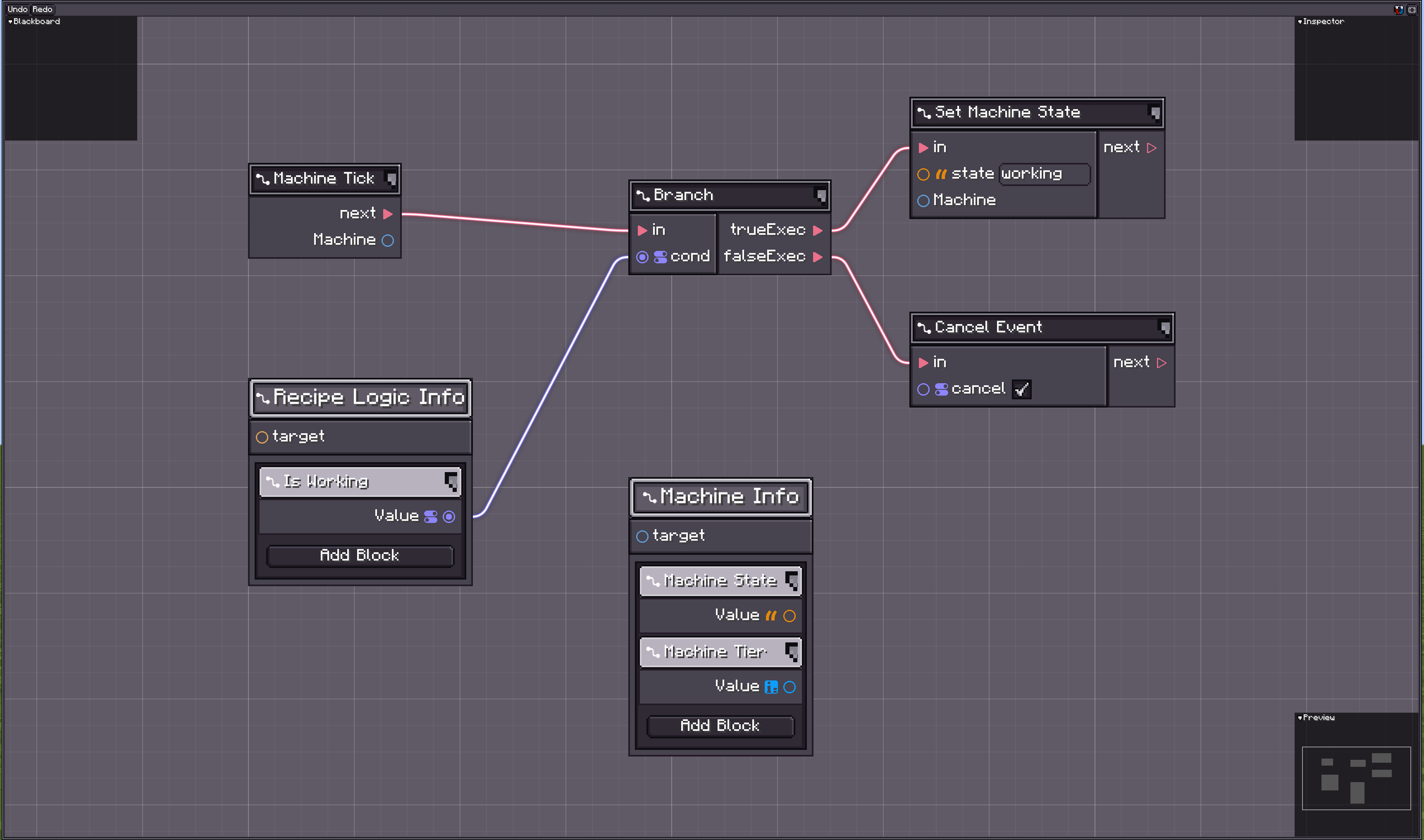 Blueprint canvas with a Machine Tick entry node feeding a Branch that either sets a machine state or cancels the event