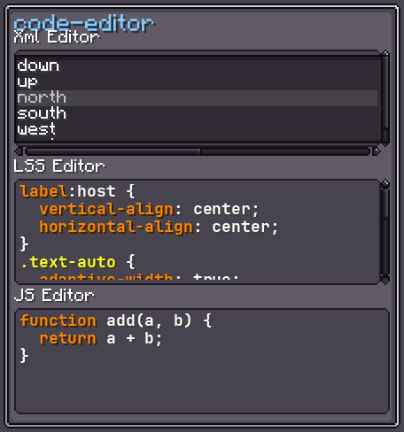 CodeEditor showing XML, LSS, and JavaScript syntax highlighting