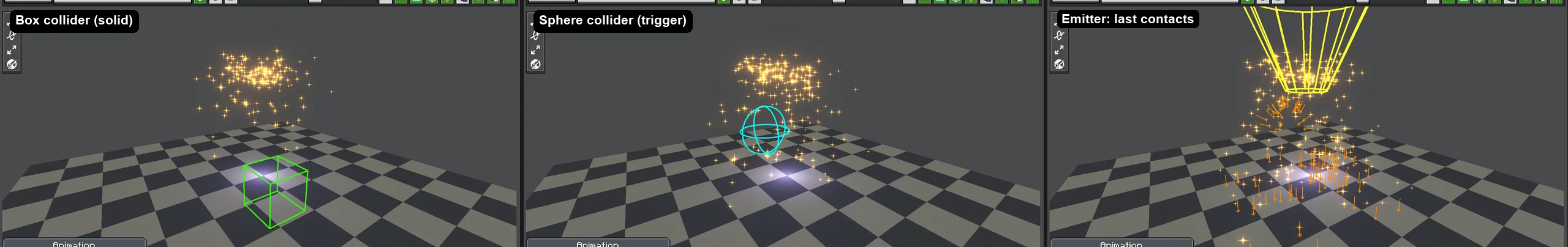 Three editor views: a selected Box collider with a green gizmo, a selected trigger Sphere collider with a cyan gizmo, and the selected emitter with its recent contacts drawn in orange