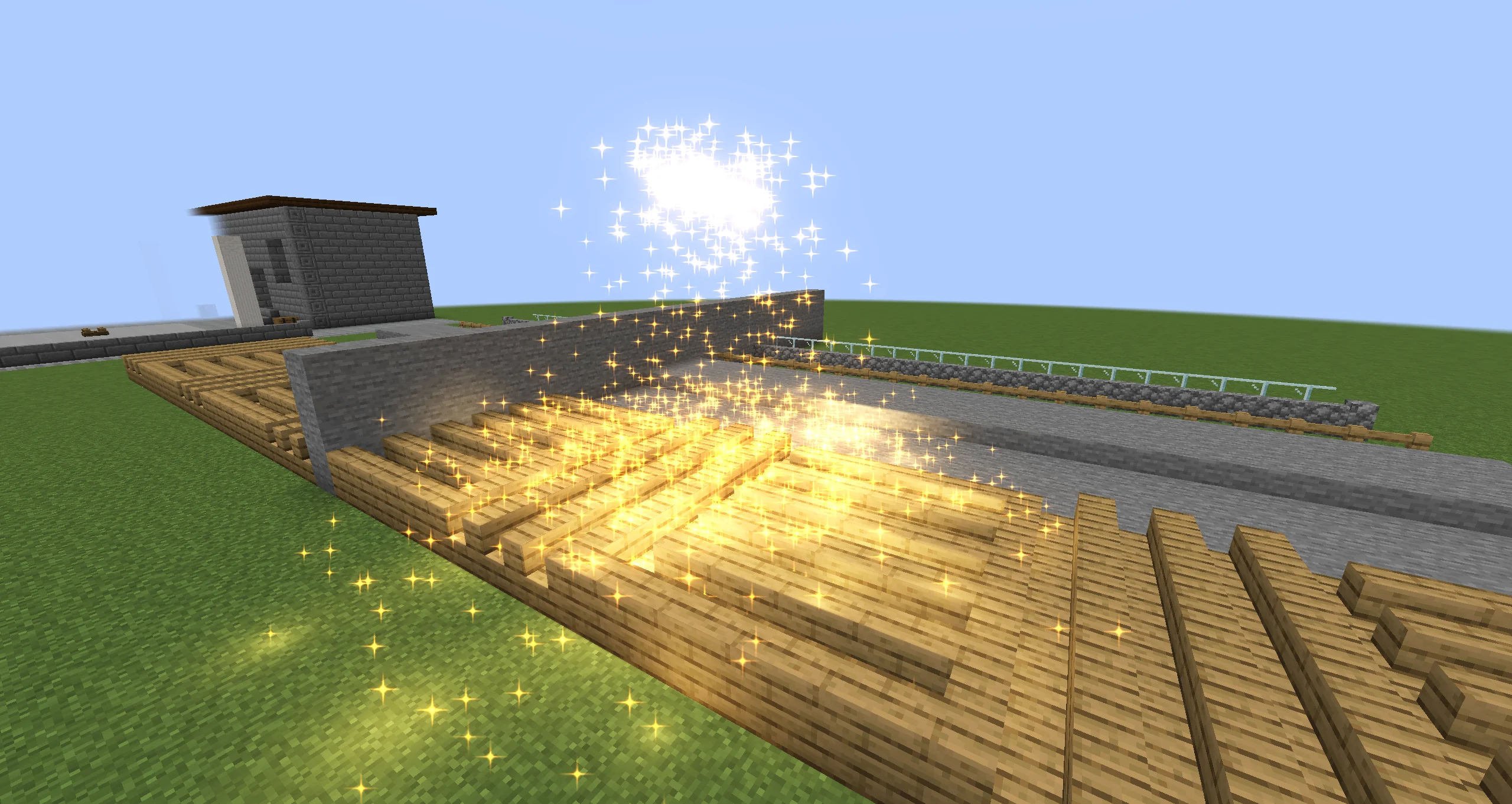Sparks pouring over oak stairs, stone slabs and a low wall, bouncing and coming to rest on the block shapes