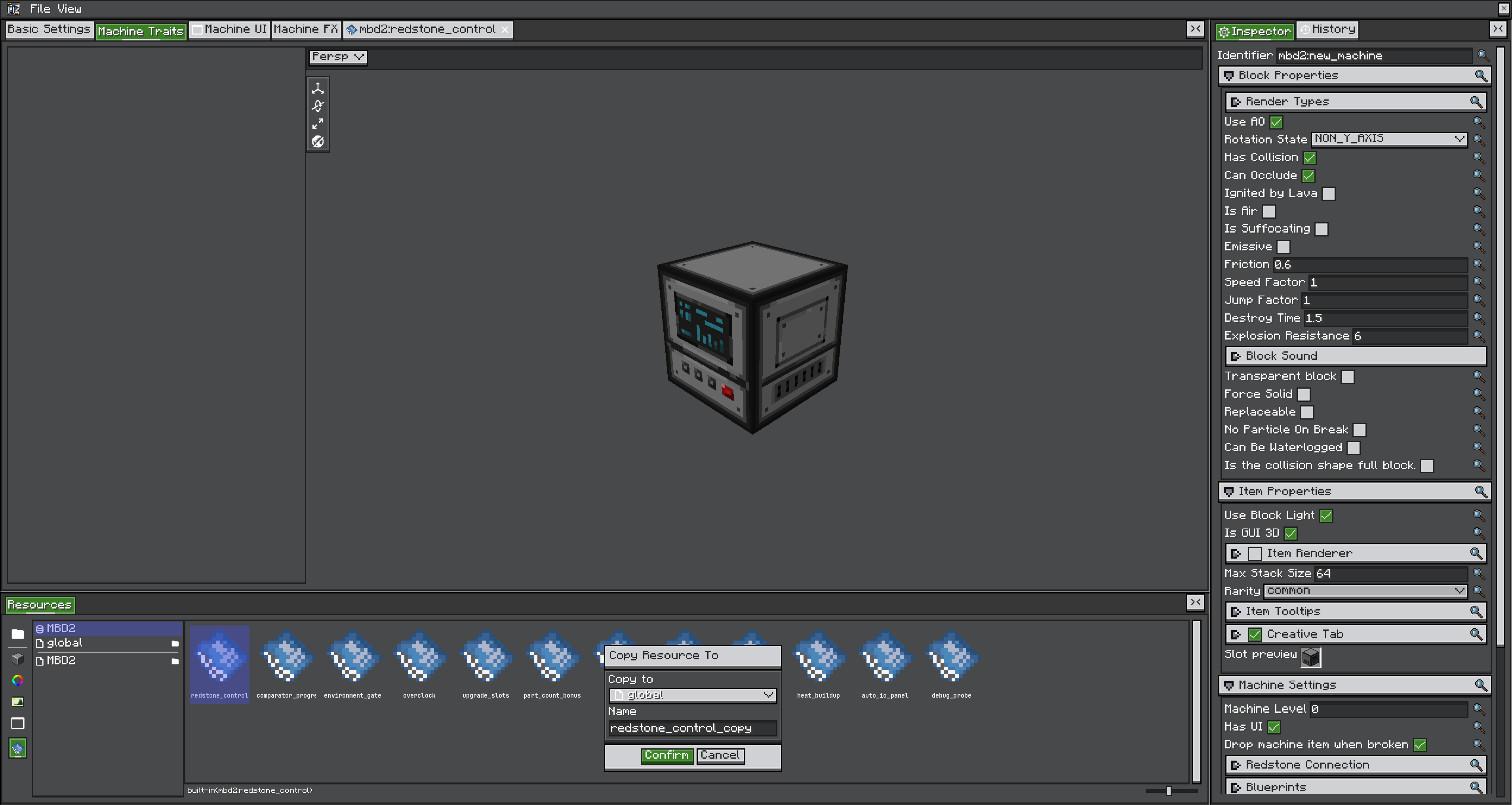 Blueprint library resource panel listing the twelve built-ins, with the Copy Resource To dialog open on redstone_control