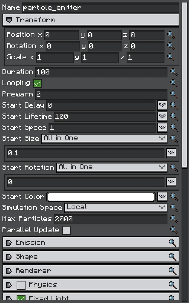 Particle Emitter core settings in the Inspector