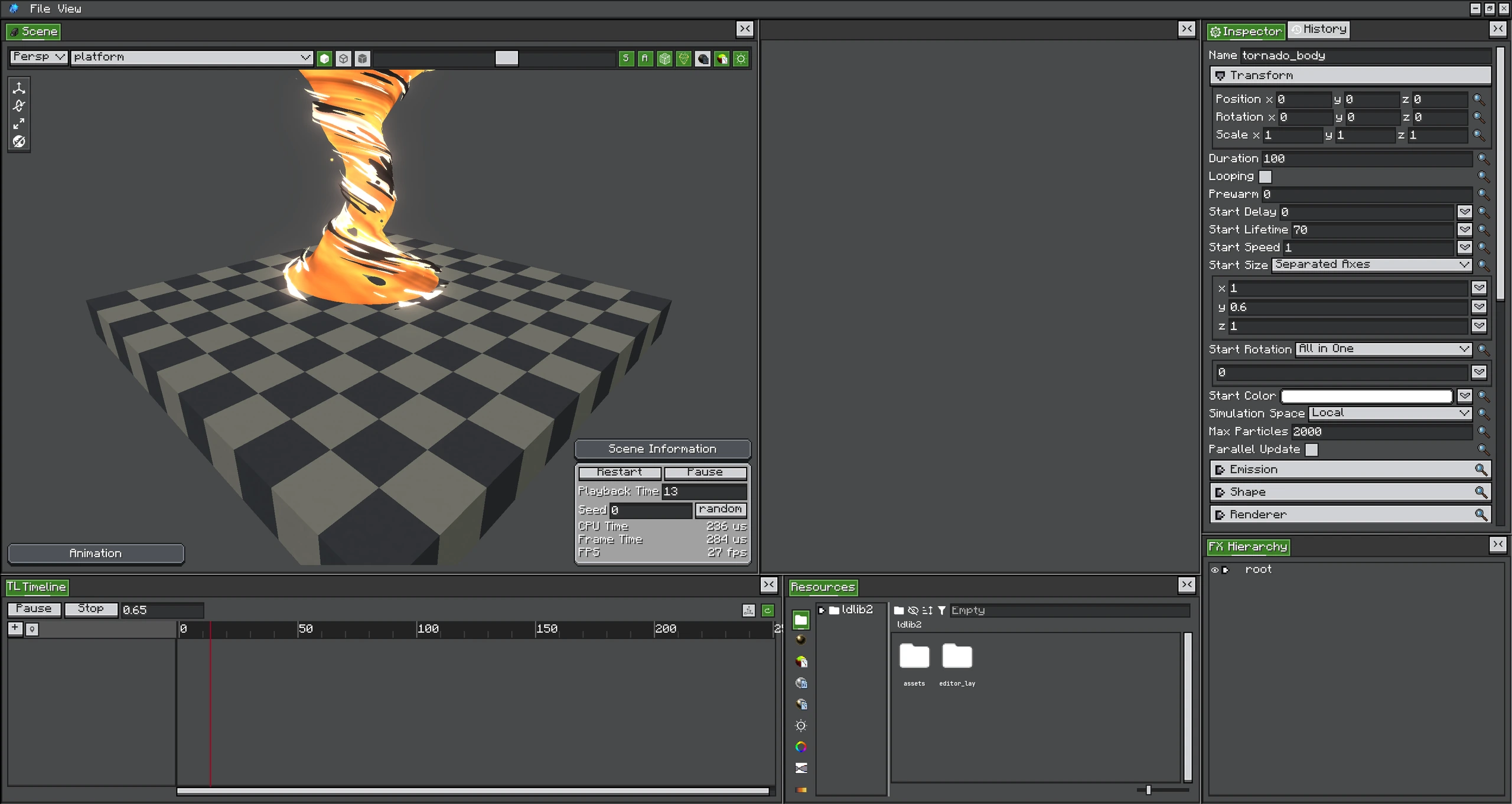 Maximized Photon editor with hierarchy, scene, inspector, resources, and timeline