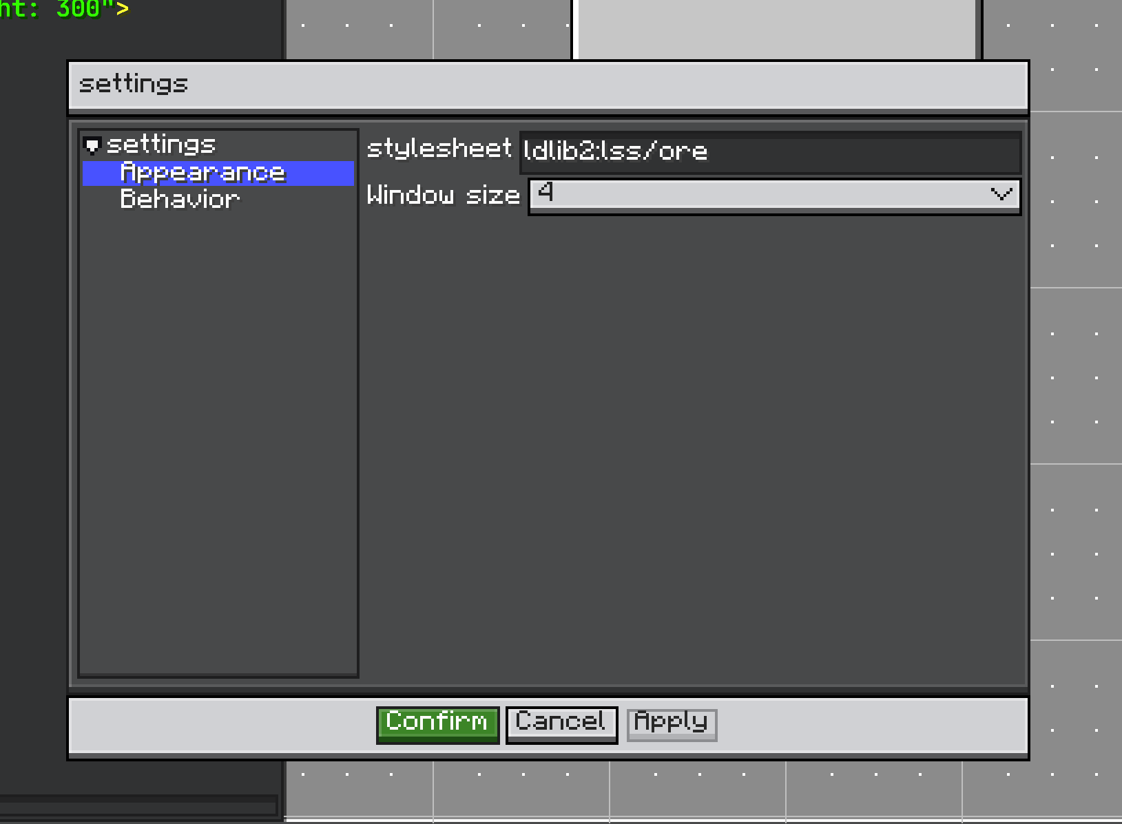 Editor settings panel