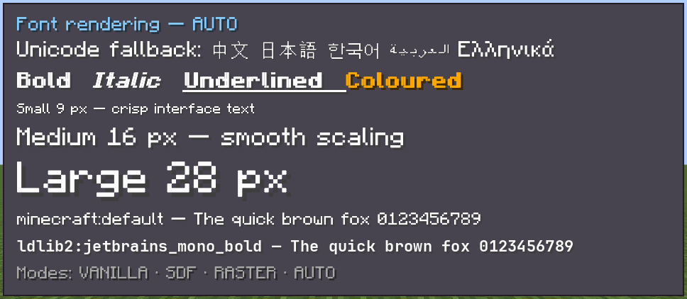 LDLib2 font rendering test showing Unicode fallback, styles, sizes, and font families