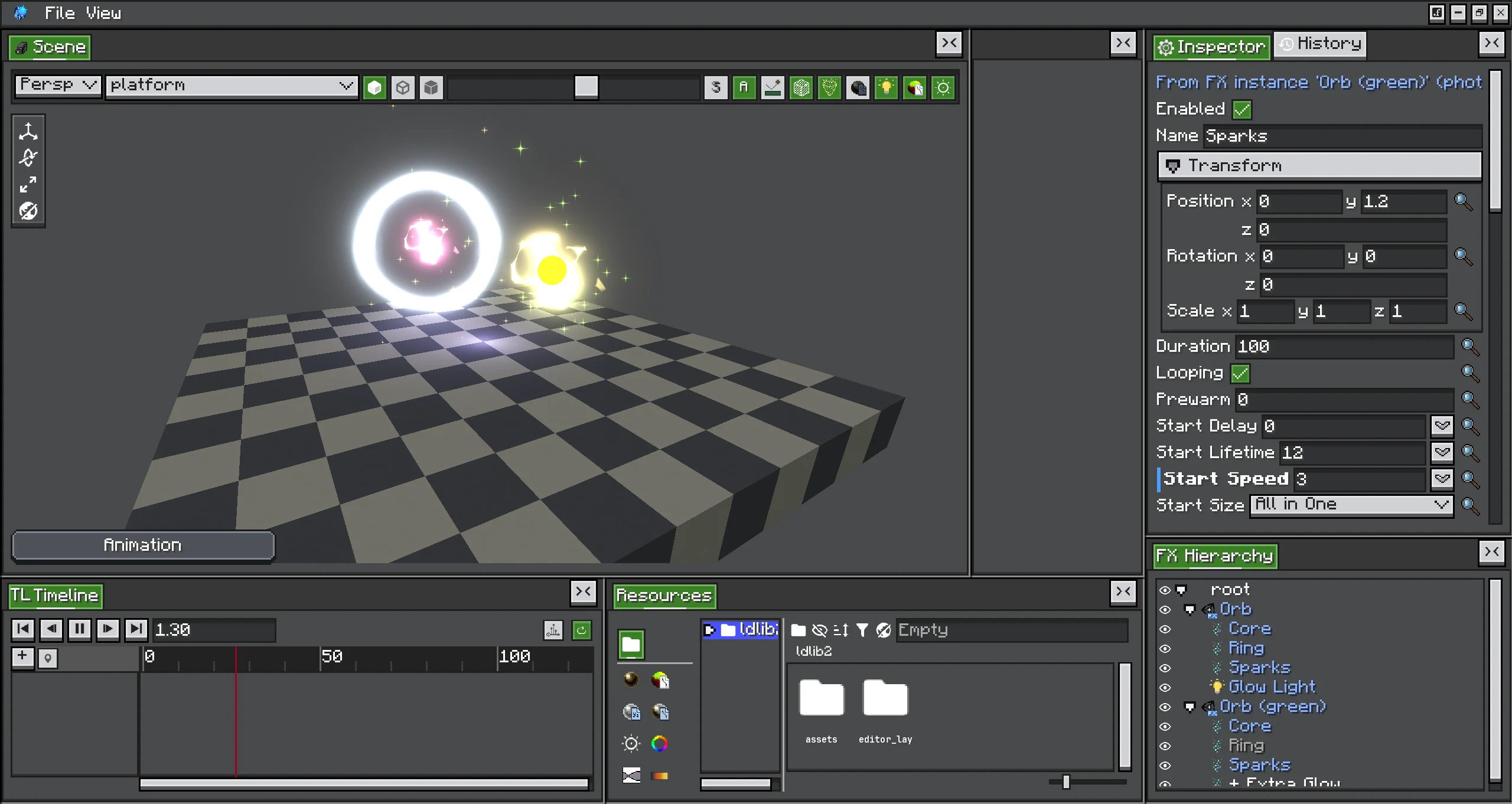 Photon editor with an FX instance in the hierarchy, its placed objects in blue, an added child marked with a plus, and the inspector of a placed emitter