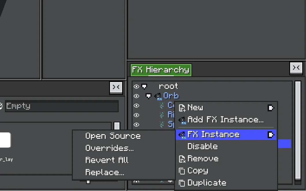 Right-click menu of an FX instance in the hierarchy with its FX Instance submenu open: Open Source, Overrides, Revert All and Replace
