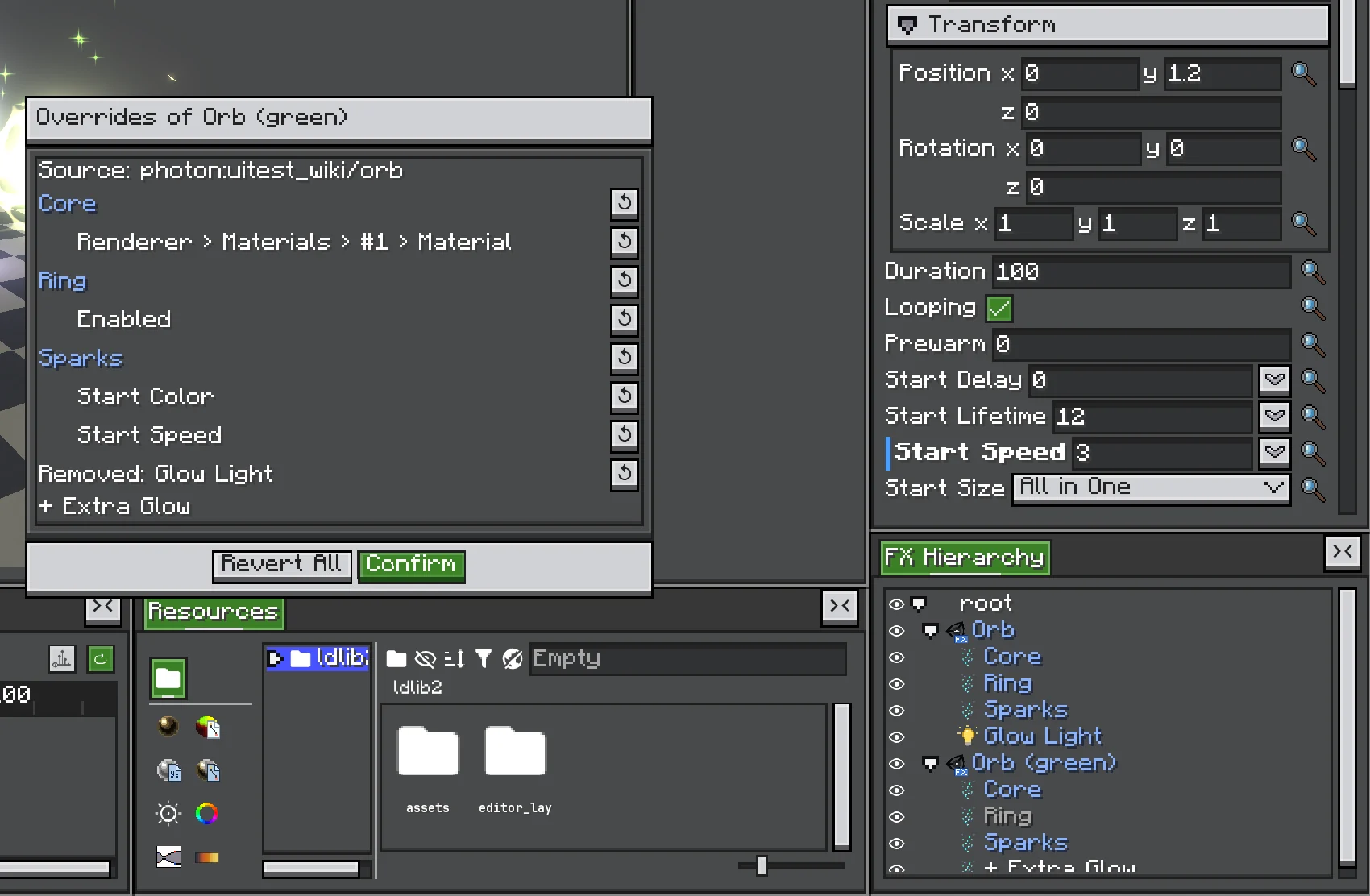 Overrides dialog listing changed values with Revert buttons, a removed object with Restore, and an added object