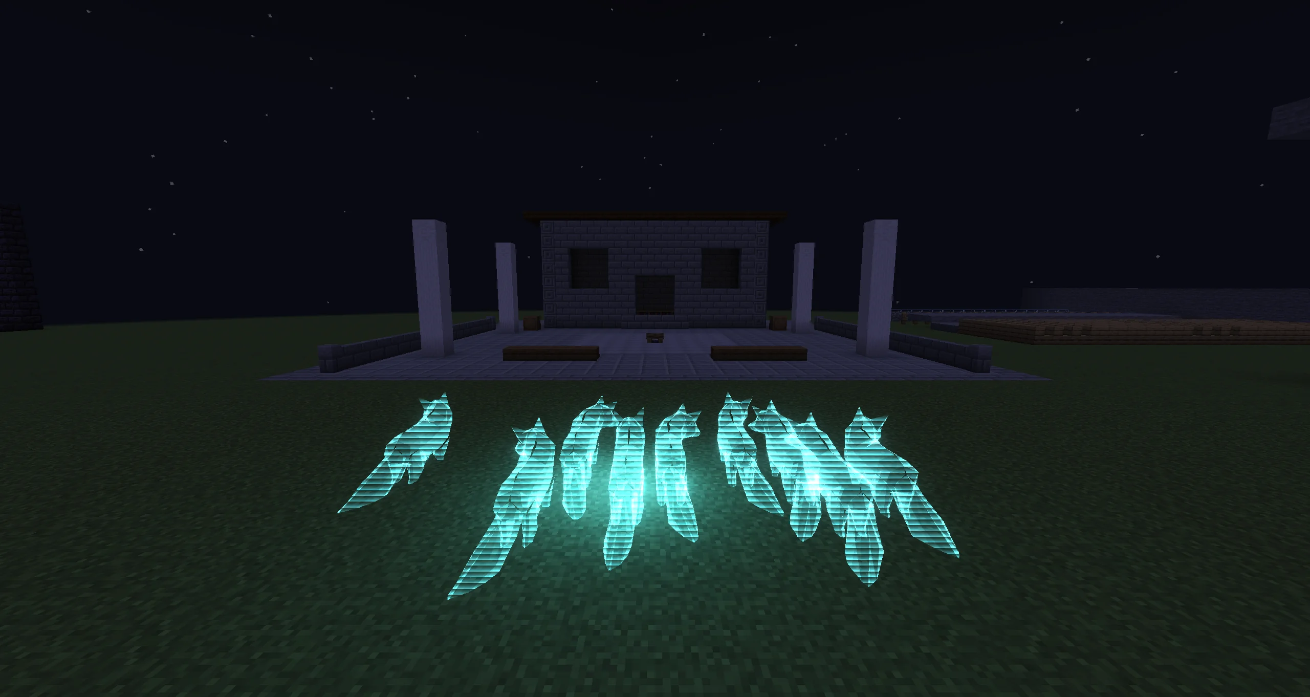 A swarm of animated fox models drawn with the Kila Hologram preset, each at a different point of the same clip