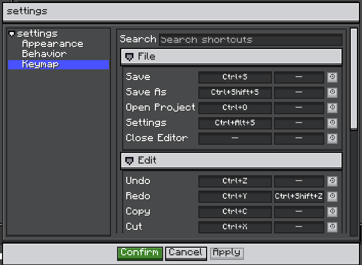 Keymap page of the editor settings, listing actions by category with their chords