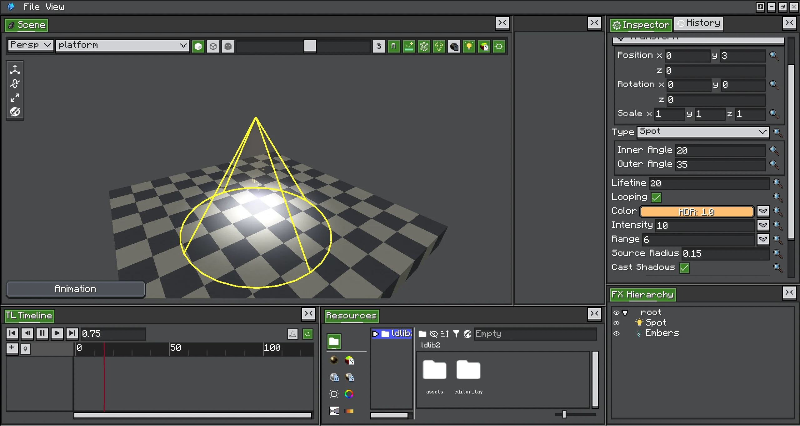 A spot Light's inspector next to its yellow cone gizmo in the editor scene
