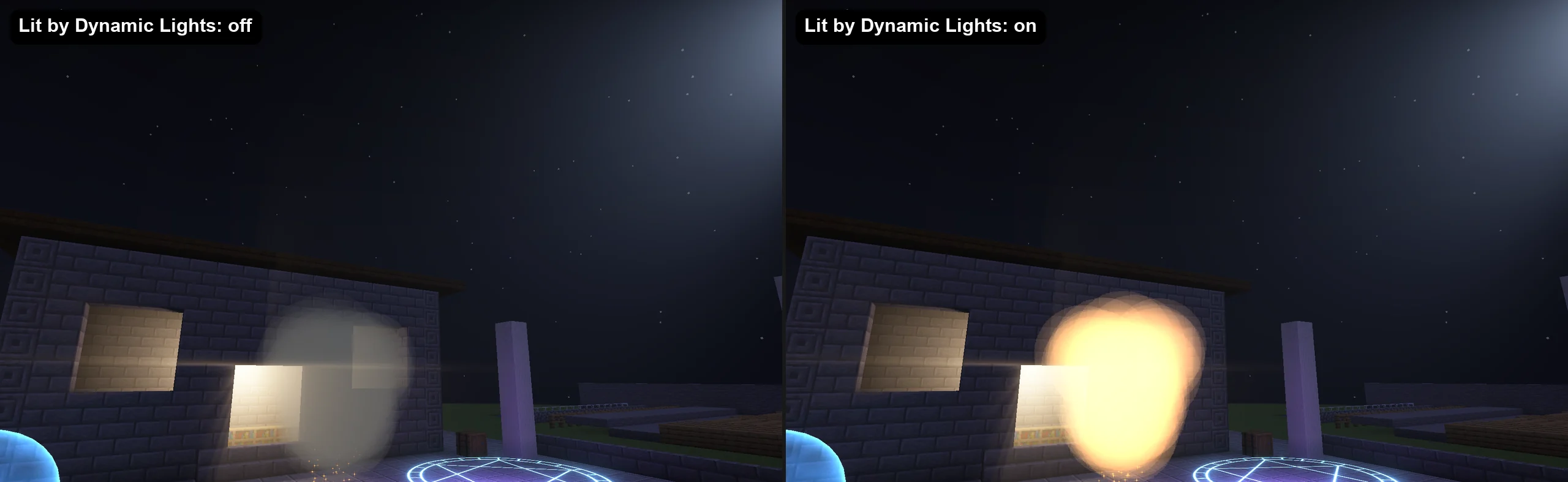 Smoke next to a light with Lit by Dynamic Lights off on the left and on on the right