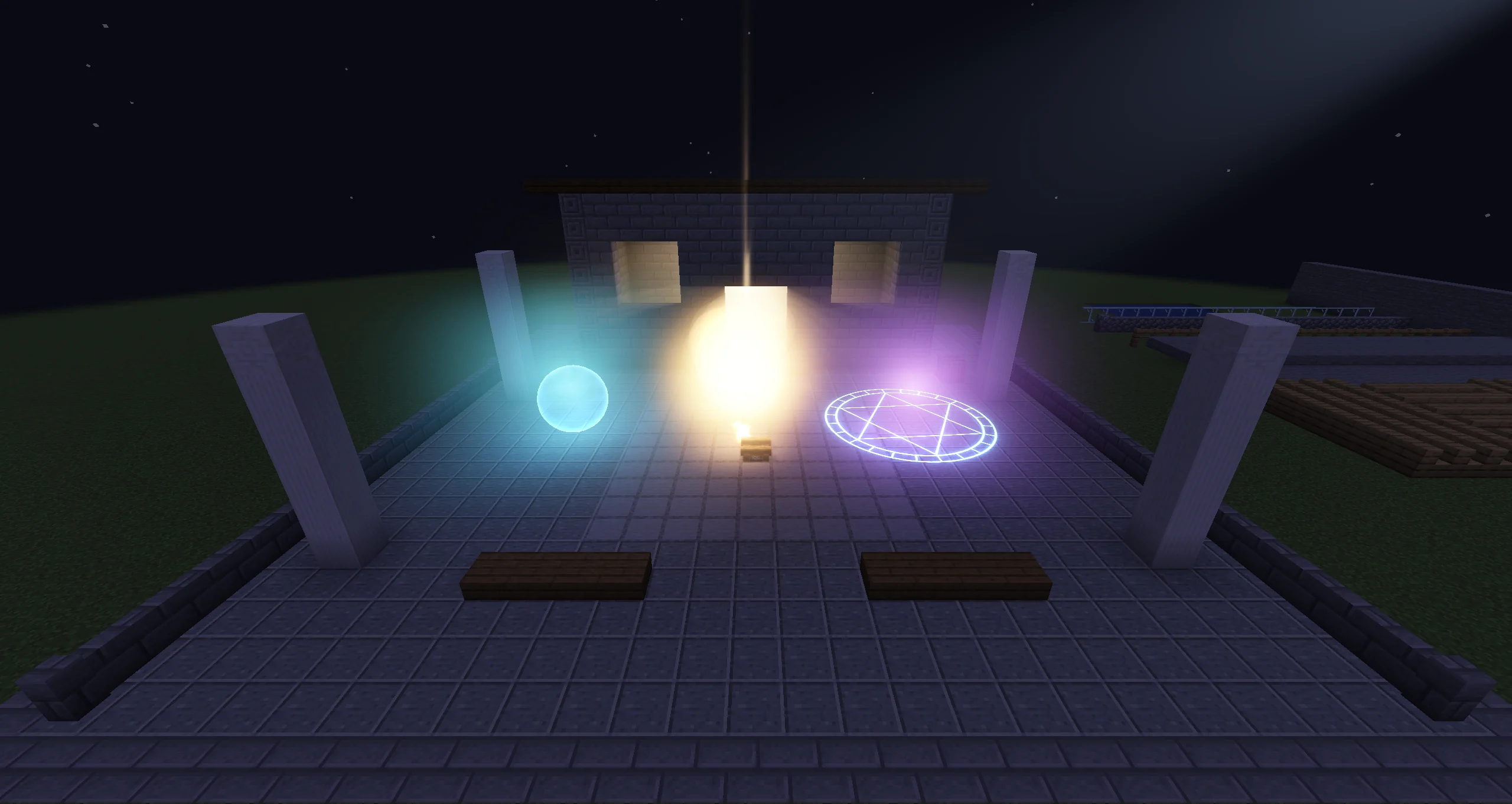 A night square lit only by Photon: a campfire, a magic circle and an energy shield with their own lights, warm light from a temple, and a searchlight beam through low mist