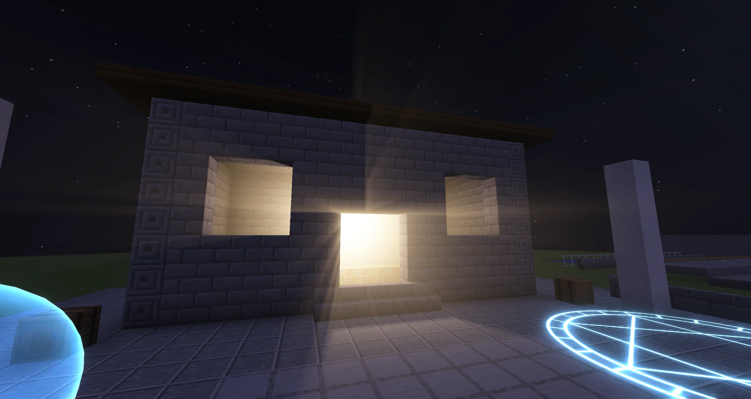Light shafts from a temple doorway and windows through a low Fog Volume