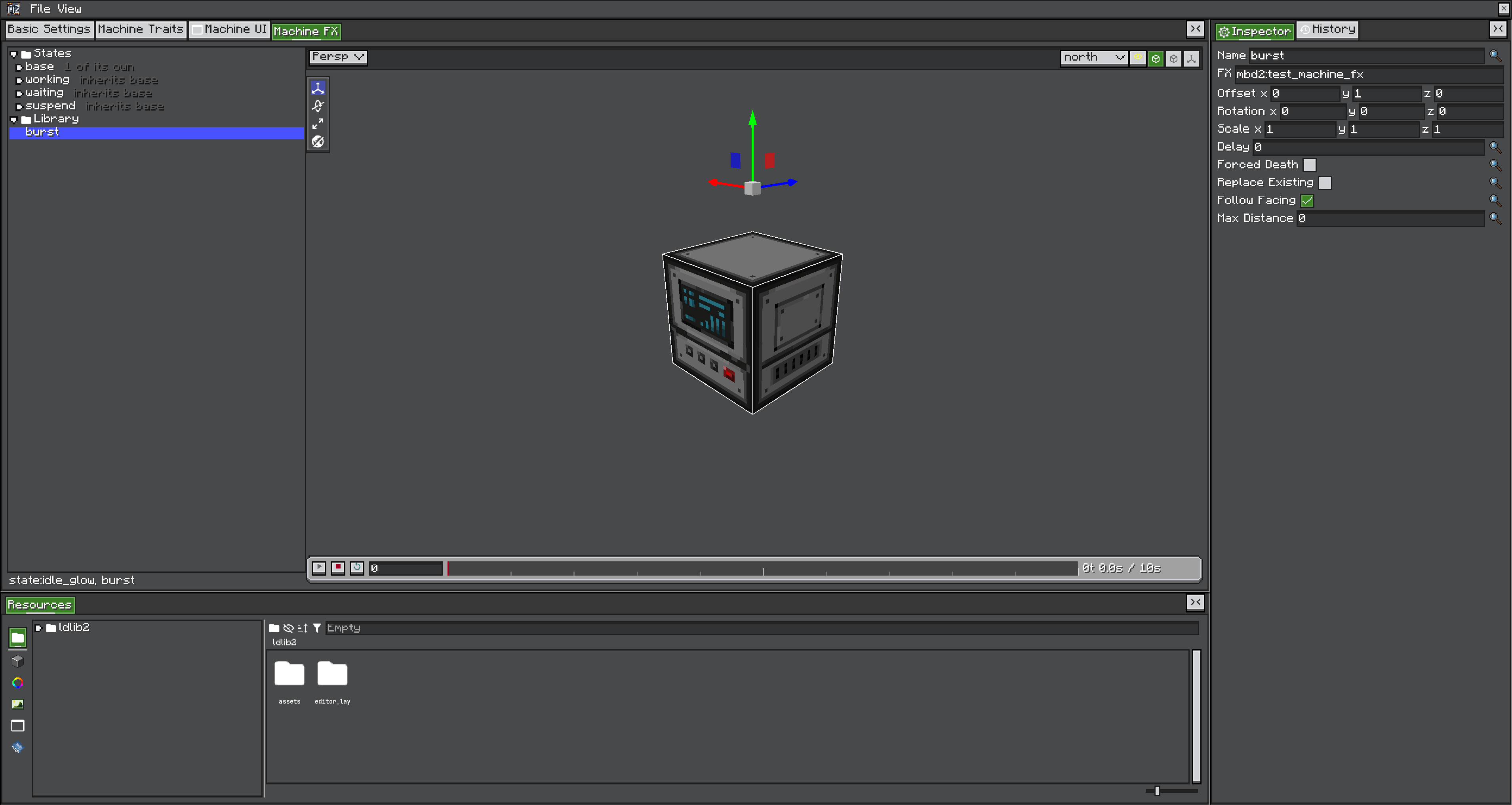 Inspector showing the fields of a MachineFXConfig: name, FX, offset, rotation, scale, delay, forced death, replace existing, follow facing, max distance