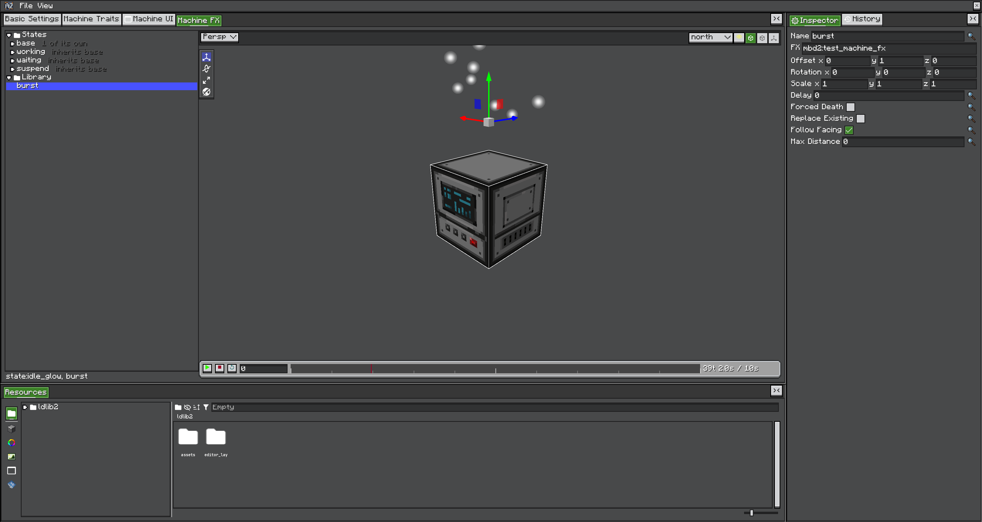 Machine FX editor: the state tree and FX library on the left, a machine preview with particles and a timeline in the centre, and the effect's configuration in the Inspector