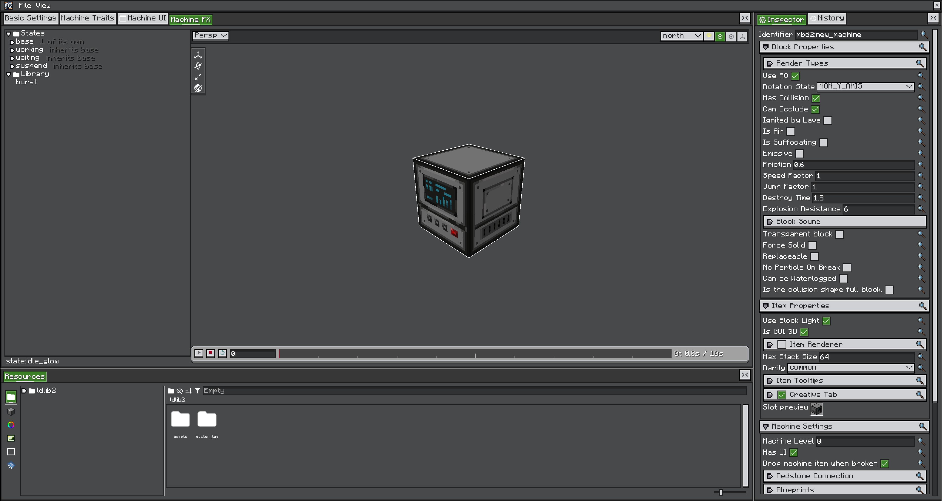 Machine FX view with the state tree, the machine preview and the playback timeline