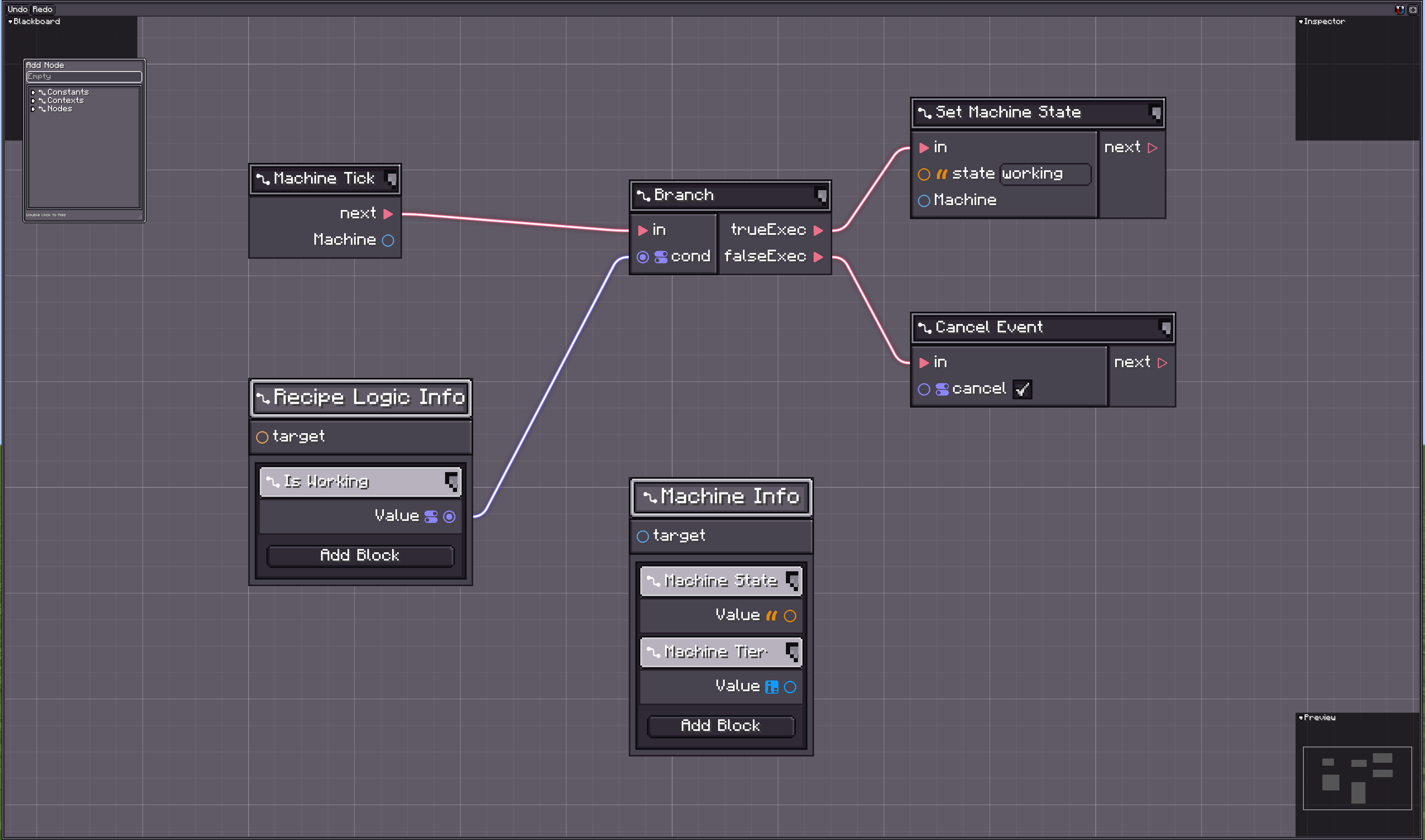 Blueprint node library panel listing node groups and their entries