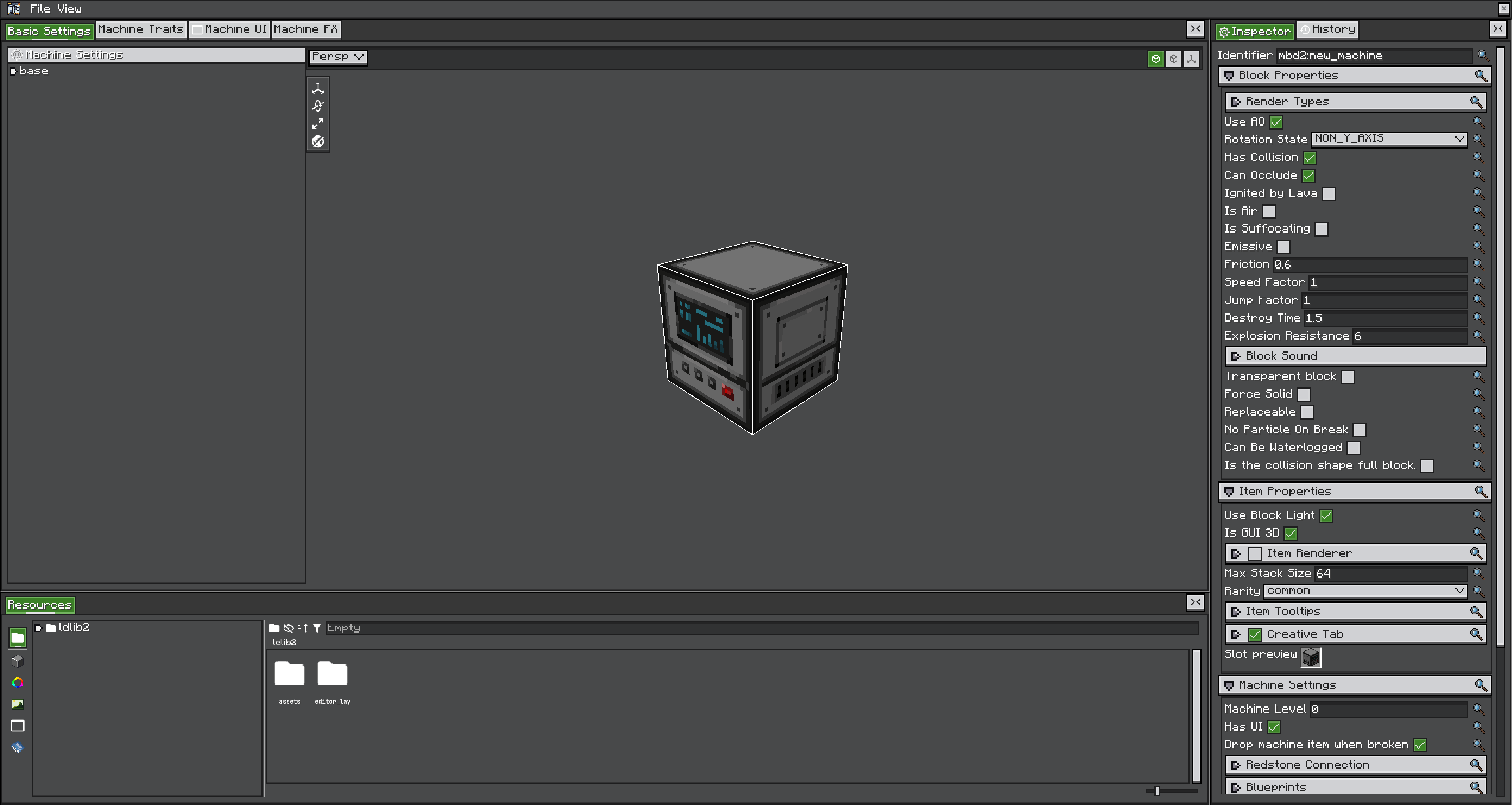 MBD2 editor showing Basic Settings, the machine state tree, a 3D preview, the Inspector and the Resources pane