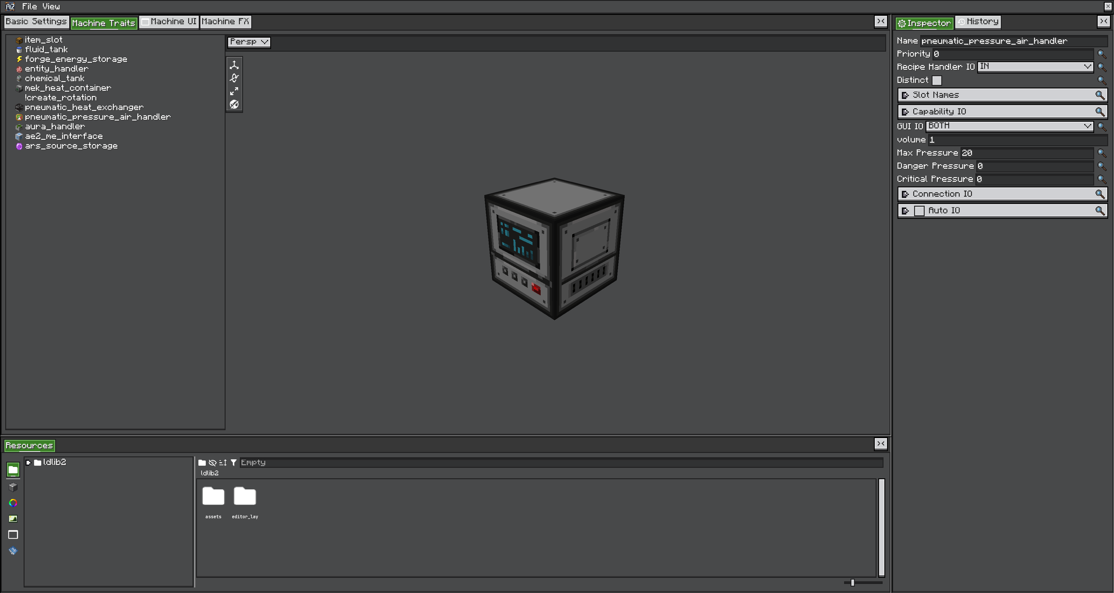 MBD2 Machine Traits editor showing PneumaticCraft pressure limits and connection settings
