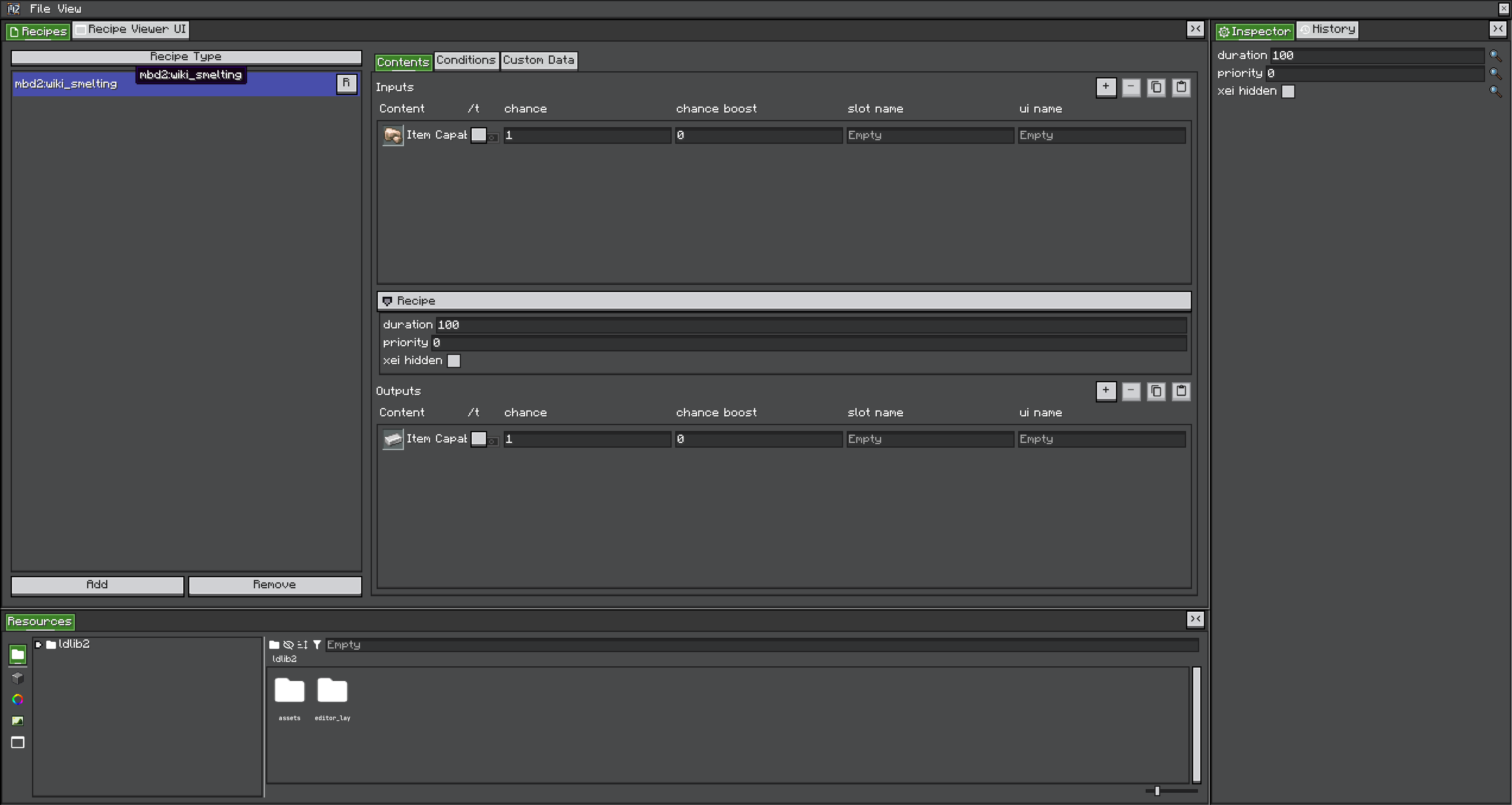 MBD2 Recipes editor showing the recipe type, a built-in wiki_smelting recipe, and recipe-type Inspector fields