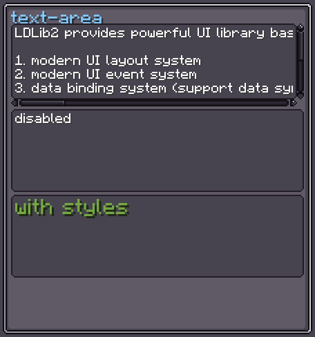 TextArea examples with scrolling, disabled, and custom-style states