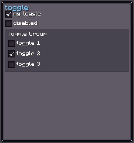 Toggle examples with checked, disabled, and grouped states
