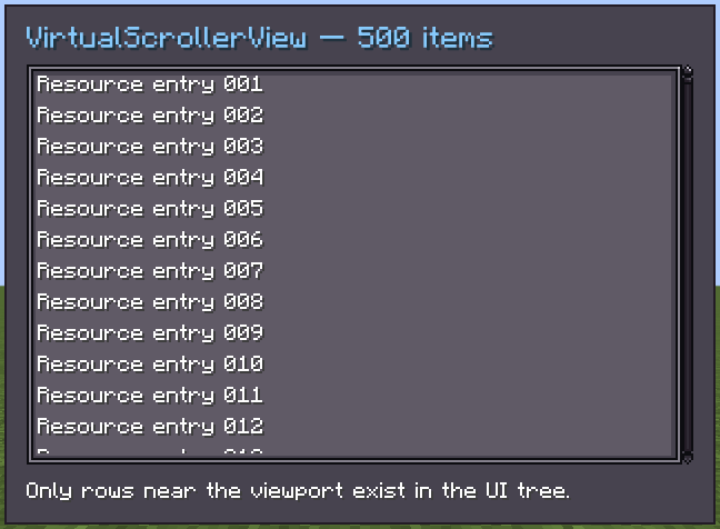 VirtualScrollerView displaying part of a 500-item list
